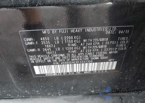 2015 Subaru Outback 3.6R Limited из США, поврежденный, VIN 4S4BSENC8F3327350